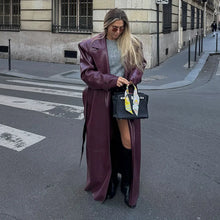 Load image into Gallery viewer, Street Pu Leather Women Long Coat Y2K Solid Belt Lapel Pocket Full Sleeve Female Jacket 2025 Autumn Winter Lady Outwear New