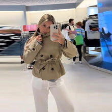 Load image into Gallery viewer, Elegant Double Belt Women Windbreaker Casual Khaki Long Sleeve Lapel Button Female Jacket 2025 Autumn Winter Lady Streetwear New