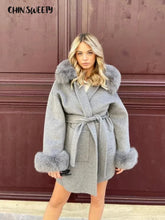 Load image into Gallery viewer, Fashion Hooded Women's Wollen Coat Fur Collar Lace Up Pocket Solid Warm Lady Coats 2025 Autumn Winter Elegant Female Streetwear