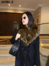 Load image into Gallery viewer, Elegant Faux Fur Lace Up Woolen Coat Women Shawl Collar Belted Waist Full Sleeve Coats Female Autumn Winter Fashion Lady Outwear