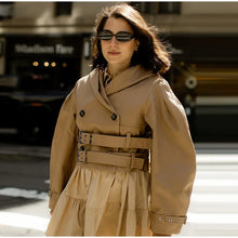 Load image into Gallery viewer, Elegant Double Belt Women Windbreaker Casual Khaki Long Sleeve Lapel Button Female Jacket 2025 Autumn Winter Lady Streetwear New