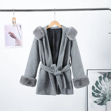 Load image into Gallery viewer, Fashion Hooded Women's Wollen Coat Fur Collar Lace Up Pocket Solid Warm Lady Coats 2025 Autumn Winter Elegant Female Streetwear