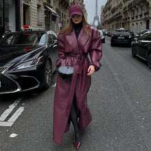 Load image into Gallery viewer, Street Pu Leather Women Long Coat Y2K Solid Belt Lapel Pocket Full Sleeve Female Jacket 2025 Autumn Winter Lady Outwear New