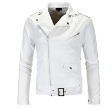 Load image into Gallery viewer, Mens Faux Leather Jackets New White Black Casual Lapel Slim Fit Diagonal Zipper Motorcycle Faux Leather Jacket Coat Mens Jackets