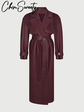 Load image into Gallery viewer, Street Pu Leather Women Long Coat Y2K Solid Belt Lapel Pocket Full Sleeve Female Jacket 2025 Autumn Winter Lady Outwear New