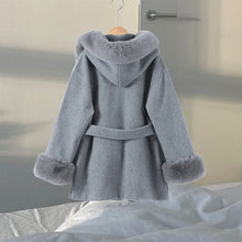 Load image into Gallery viewer, Fashion Hooded Women's Wollen Coat Fur Collar Lace Up Pocket Solid Warm Lady Coats 2025 Autumn Winter Elegant Female Streetwear