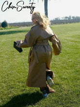 Load image into Gallery viewer, Elegant Double Belt Women Windbreaker Casual Khaki Long Sleeve Lapel Button Female Jacket 2025 Autumn Winter Lady Streetwear New