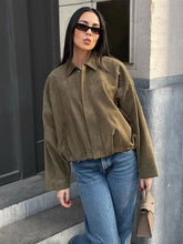 Load image into Gallery viewer, HH Women Brown Green Suede Jacket Loose Casual Bomber Coat Lapel Zipper Long Sleeve Jackets Vintage Lady Motorcycle Outwears