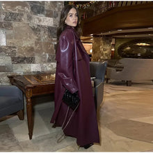 Load image into Gallery viewer, Street Pu Leather Women Long Coat Y2K Solid Belt Lapel Pocket Full Sleeve Female Jacket 2025 Autumn Winter Lady Outwear New