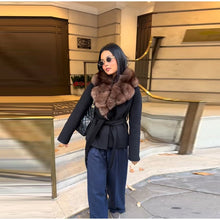 Load image into Gallery viewer, Elegant Faux Fur Lace Up Woolen Coat Women Shawl Collar Belted Waist Full Sleeve Coats Female Autumn Winter Fashion Lady Outwear