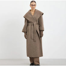 Load image into Gallery viewer, Elegant Shawl Collar Lace Up Long Woolen Coat Women Full Sleeve Belt Lapel Thick Overcoat 2025 Autumn Winter Lady Chic Outwear