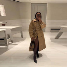 Load image into Gallery viewer, Elegant Double Belt Women Windbreaker Casual Khaki Long Sleeve Lapel Button Female Jacket 2025 Autumn Winter Lady Streetwear New
