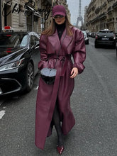 Load image into Gallery viewer, Street Pu Leather Women Long Coat Y2K Solid Belt Lapel Pocket Full Sleeve Female Jacket 2025 Autumn Winter Lady Outwear New