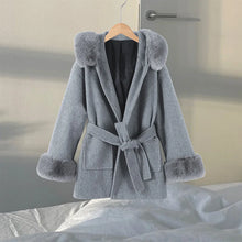 Load image into Gallery viewer, Fashion Hooded Women's Wollen Coat Fur Collar Lace Up Pocket Solid Warm Lady Coats 2025 Autumn Winter Elegant Female Streetwear