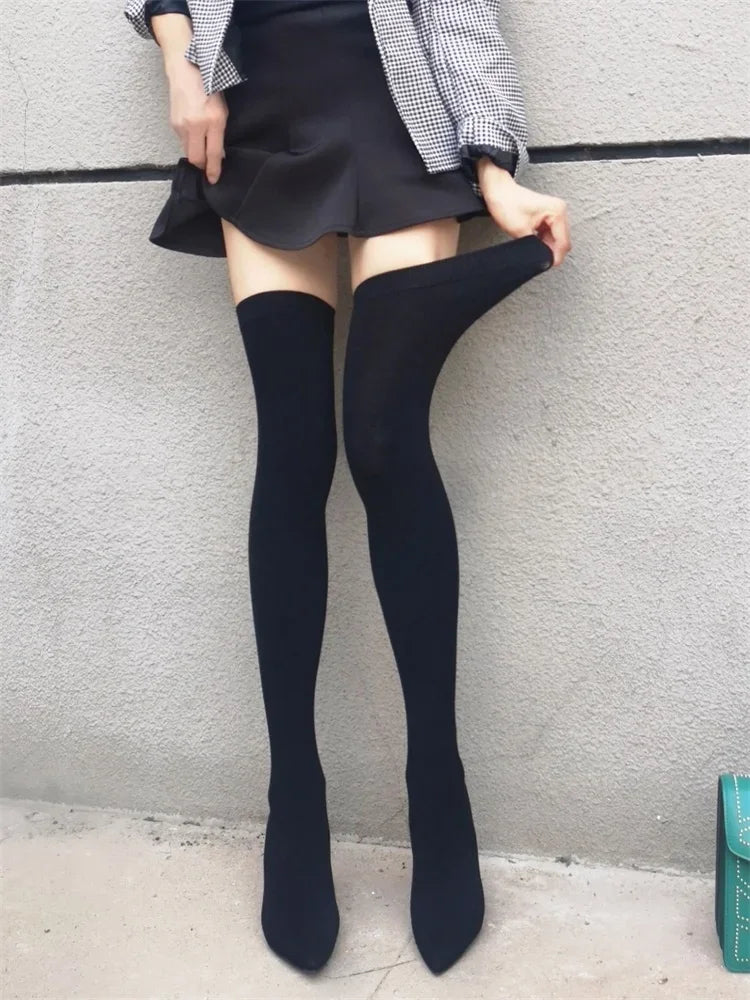High-heeled knee high boots for women sexy knitted stockings elastic long boots