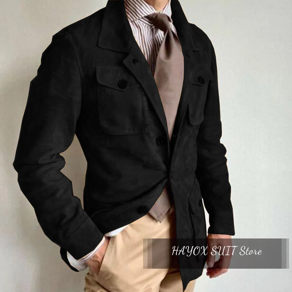 Men's Suede Leather Blazer Single Breasted Blend Fabric Notched Lapel