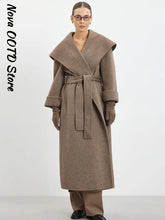Load image into Gallery viewer, Elegant Shawl Collar Lace Up Long Woolen Coat Women Full Sleeve Belt Lapel Thick Overcoat 2025 Autumn Winter Lady Chic Outwear
