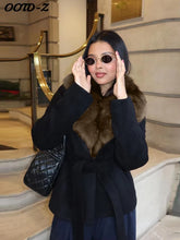 Load image into Gallery viewer, Elegant Faux Fur Lace Up Woolen Coat Women Shawl Collar Belted Waist Full Sleeve Coats Female Autumn Winter Fashion Lady Outwear
