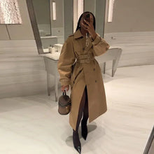 Load image into Gallery viewer, Elegant Double Belt Women Windbreaker Casual Khaki Long Sleeve Lapel Button Female Jacket 2025 Autumn Winter Lady Streetwear New
