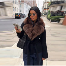 Load image into Gallery viewer, Elegant Faux Fur Lace Up Woolen Coat Women Shawl Collar Belted Waist Full Sleeve Coats Female Autumn Winter Fashion Lady Outwear
