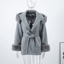 Load image into Gallery viewer, Fashion Hooded Women&#39;s Wollen Coat Fur Collar Lace Up Pocket Solid Warm Lady Coats 2025 Autumn Winter Elegant Female Streetwear
