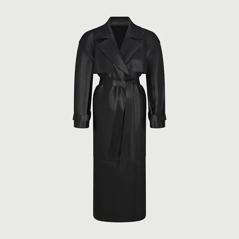 Street Pu Leather Women Long Coat Y2K Solid Belt Lapel Pocket Full Sleeve Female Jacket 2025 Autumn Winter Lady Outwear New