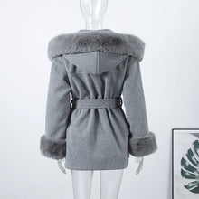 Load image into Gallery viewer, Fashion Hooded Women&#39;s Wollen Coat Fur Collar Lace Up Pocket Solid Warm Lady Coats 2025 Autumn Winter Elegant Female Streetwear

