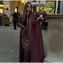 Load image into Gallery viewer, Street Pu Leather Women Long Coat Y2K Solid Belt Lapel Pocket Full Sleeve Female Jacket 2025 Autumn Winter Lady Outwear New
