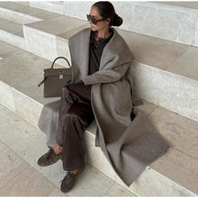 Load image into Gallery viewer, Elegant Shawl Collar Lace Up Long Woolen Coat Women Full Sleeve Belt Lapel Thick Overcoat 2025 Autumn Winter Lady Chic Outwear
