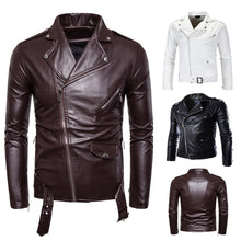 Load image into Gallery viewer, Mens Faux Leather Jackets New White Black Casual Lapel Slim Fit Diagonal Zipper Motorcycle Faux Leather Jacket Coat Mens Jackets
