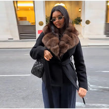 Load image into Gallery viewer, Elegant Faux Fur Lace Up Woolen Coat Women Shawl Collar Belted Waist Full Sleeve Coats Female Autumn Winter Fashion Lady Outwear
