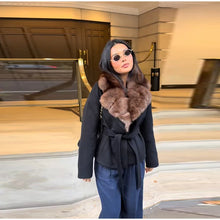 Load image into Gallery viewer, Elegant Faux Fur Lace Up Woolen Coat Women Shawl Collar Belted Waist Full Sleeve Coats Female Autumn Winter Fashion Lady Outwear
