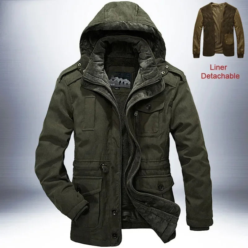 Outdoor Windbreaker Winter Jacket Men Thick Warm Mens Parkas Quality Cashmere Liner Detachable 2 in 1 Multi-pocket Coats L-4XL