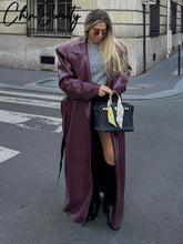 Load image into Gallery viewer, Street Pu Leather Women Long Coat Y2K Solid Belt Lapel Pocket Full Sleeve Female Jacket 2025 Autumn Winter Lady Outwear New
