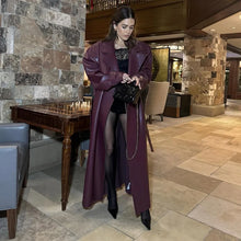 Load image into Gallery viewer, Street Pu Leather Women Long Coat Y2K Solid Belt Lapel Pocket Full Sleeve Female Jacket 2025 Autumn Winter Lady Outwear New
